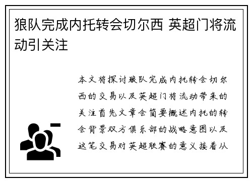 狼队完成内托转会切尔西 英超门将流动引关注